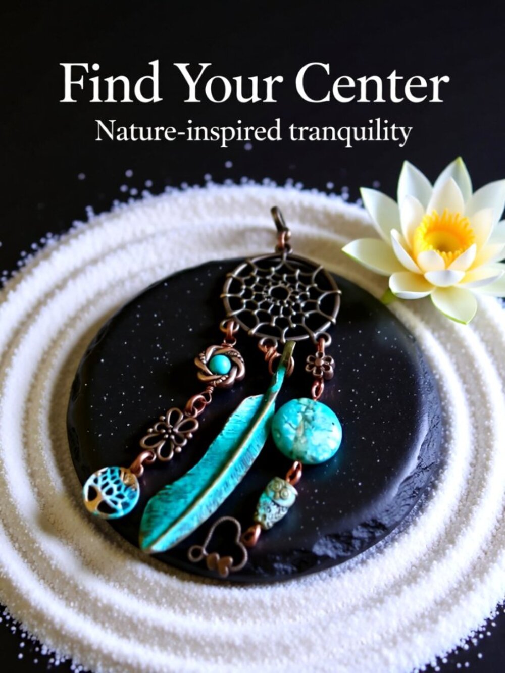 Boho Cluster Pendant: Dreamcatcher Tree of Life Owl and Leaf! Turquoise + Copper